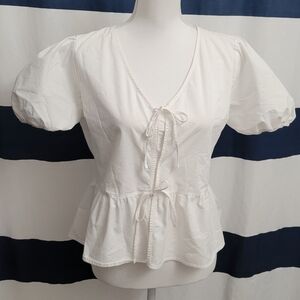 Active USA White Puff Sleeve Tie Front Blouse | Size Large
